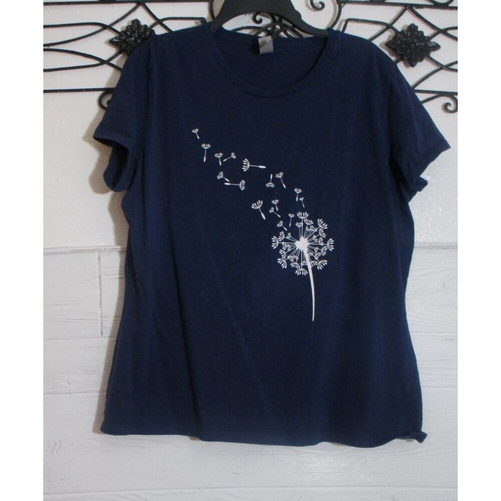 Instant Message Women's Knit Top Size XL Sho Sleeve Blue Floral Round Neck